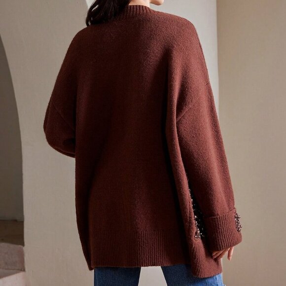 Coffee Brown Sequin and Faix Pearl detailed Women's Oversized sweater Cardigan - Picture 3 of 8